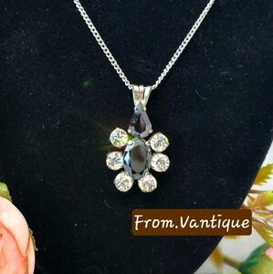 🔷️◽️ Gasby Sapphire & Clear Crystal Pendant Silver Necklace ⛓️ Vintage 🔗